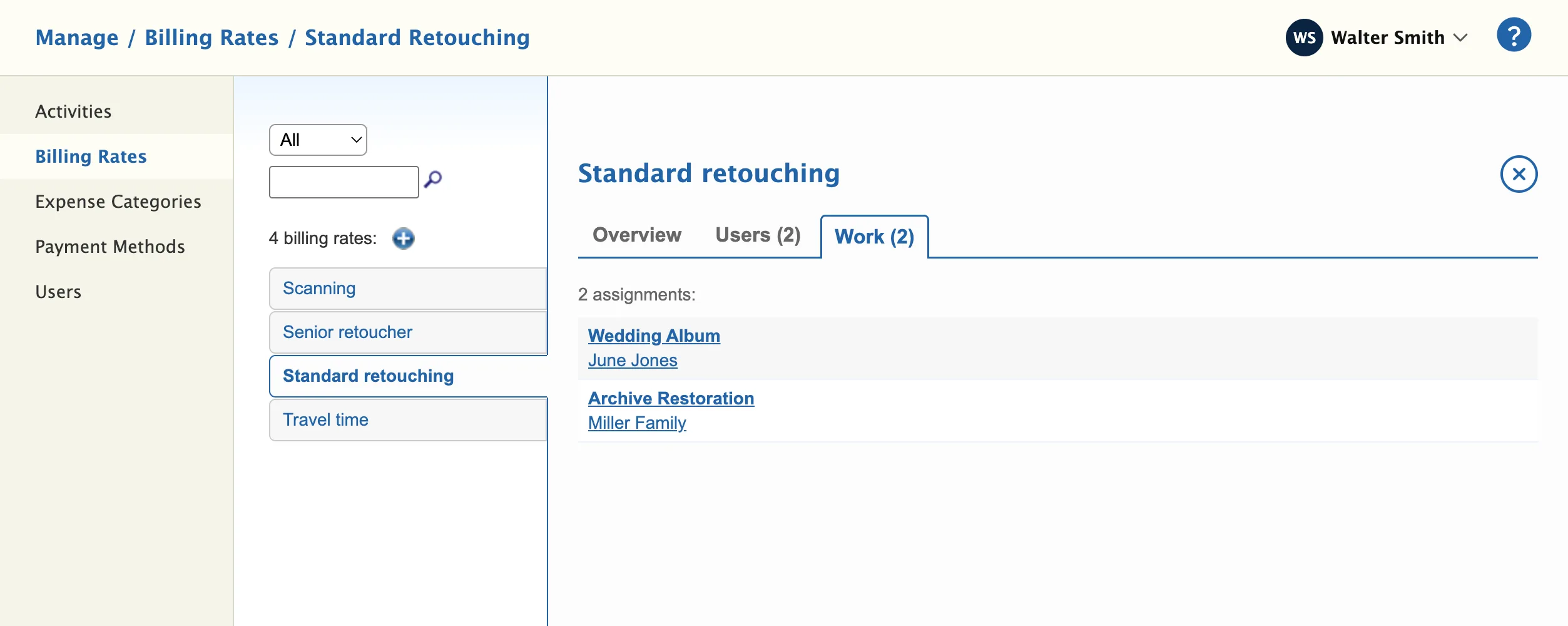 Manage / Billing Rates: four shared rates in a list, with the Standard retouching rate open to show the two projects assigned to it.