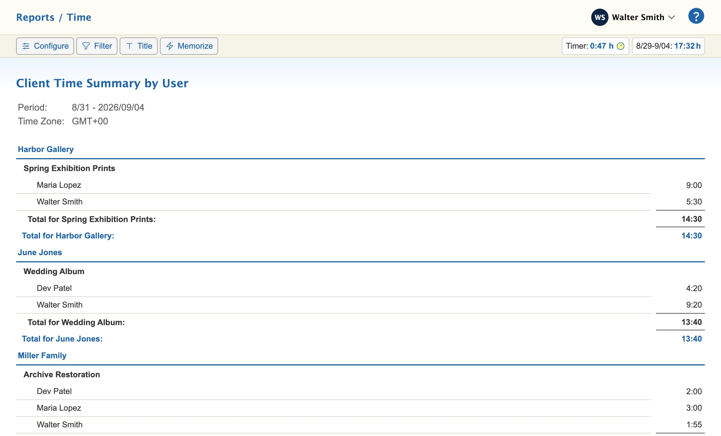 A Client Time Summary by User report: hours grouped by client and project, subtotaled, with each team member’s share.