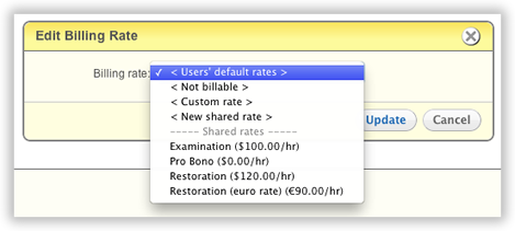 A user's default billing rate beside a rate that overrides it for one project.