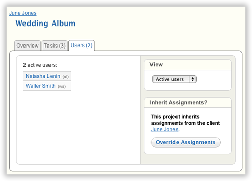 A project's user assignments, inherited from its client with an option to override them.