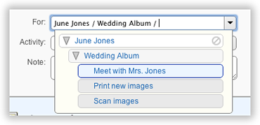 A selector filtered by a search term, with matching clients and projects expanded.