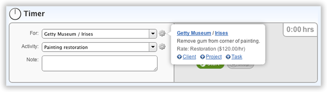 A tool window for a project, hovering beside its selector with links to the project and its client, the project's description and billing rate, and links to create a new client, project or task.