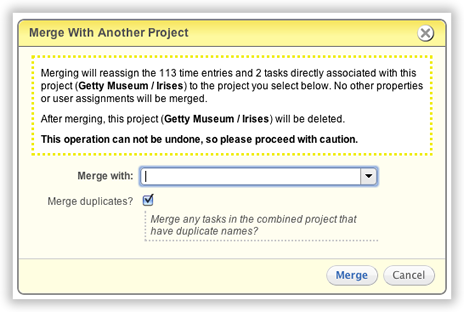 The merge dialog, explaining which records will be combined and what happens to their time entries.