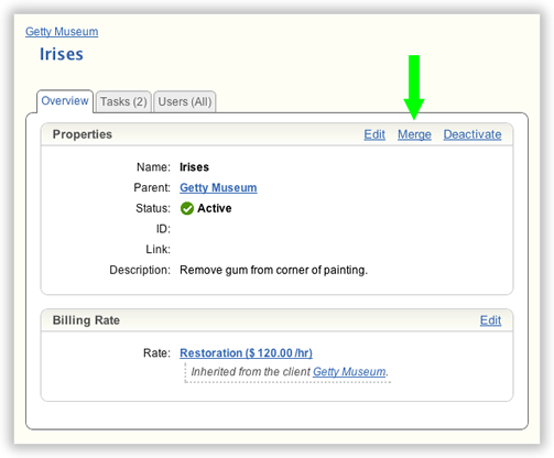 A project in the Manage pages with its Merge link highlighted.