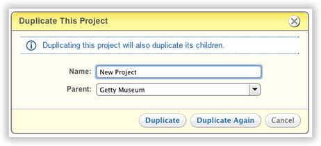 The duplicate dialog, asking where to paste the copied project.