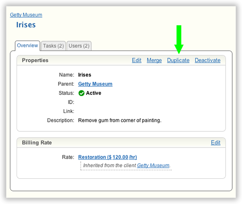 A project in the Manage pages with its Duplicate link highlighted.